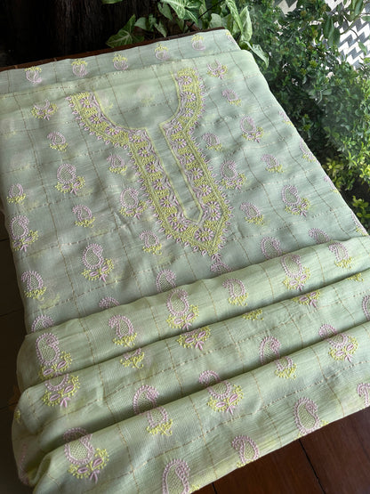 Olive Green Shade Tissue Zari Kota Chikankari Unstitched Fabric