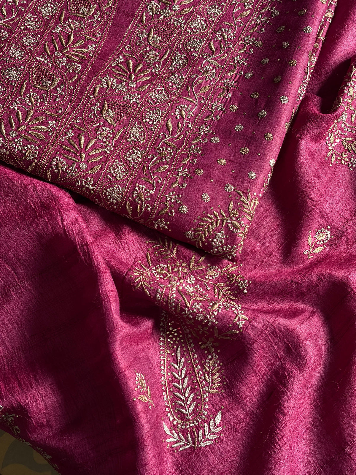 Plum Shade Roheen Tussar Silk Chikankari Fabric