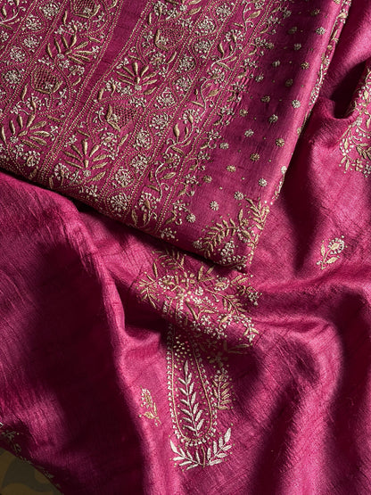 Plum Shade Roheen Tussar Silk Chikankari Fabric