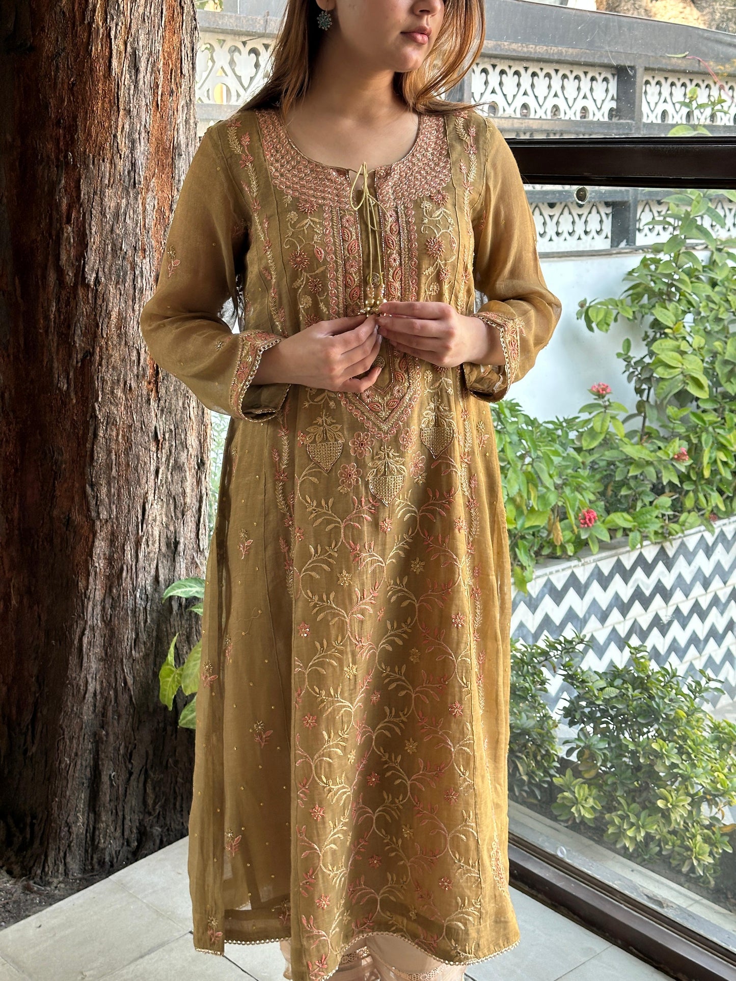 Mustard Shade Tissue Silk Chikankari Anarkali With Ari Work