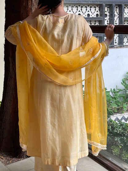 Butter Yellow Maheshwari Chikankari Kalidar Kurta Set