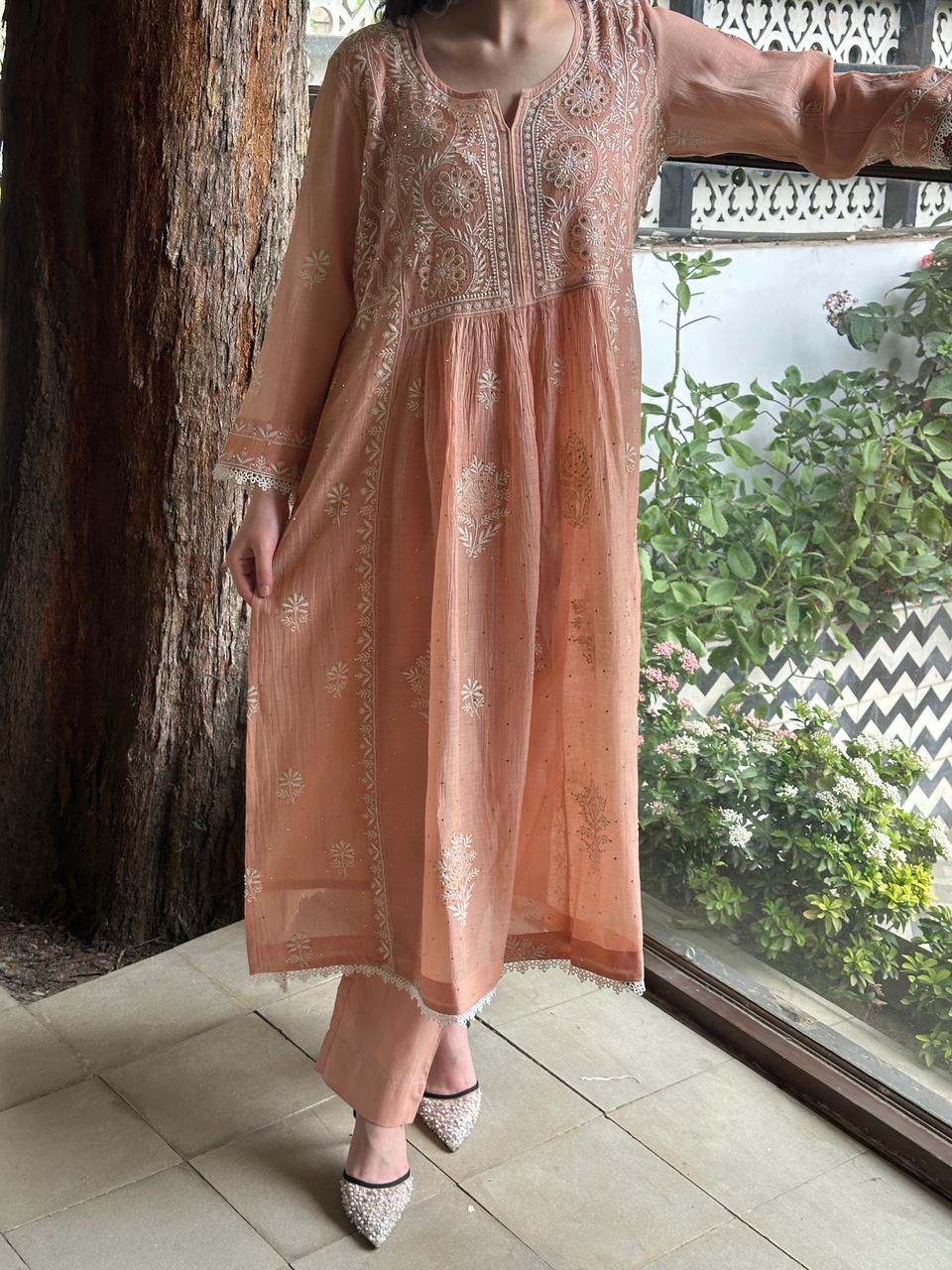 Peach Shade Malmal Mukaish Kamdani Kurta Set