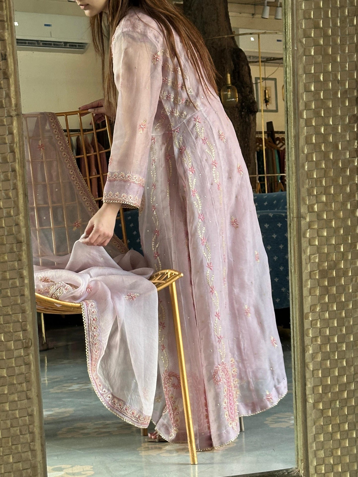 Mauve Pink Shade Noor Organza Chikankari A Line Kurta With Dupatta