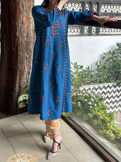 Blue & Maroon Handspun Malkha Chikankari Panel Tunic