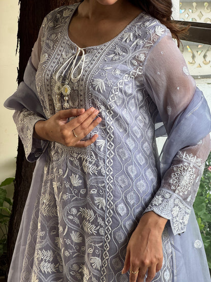 Mauve Blue Shade Cutwork Noor Organza Chikankari Anarkali