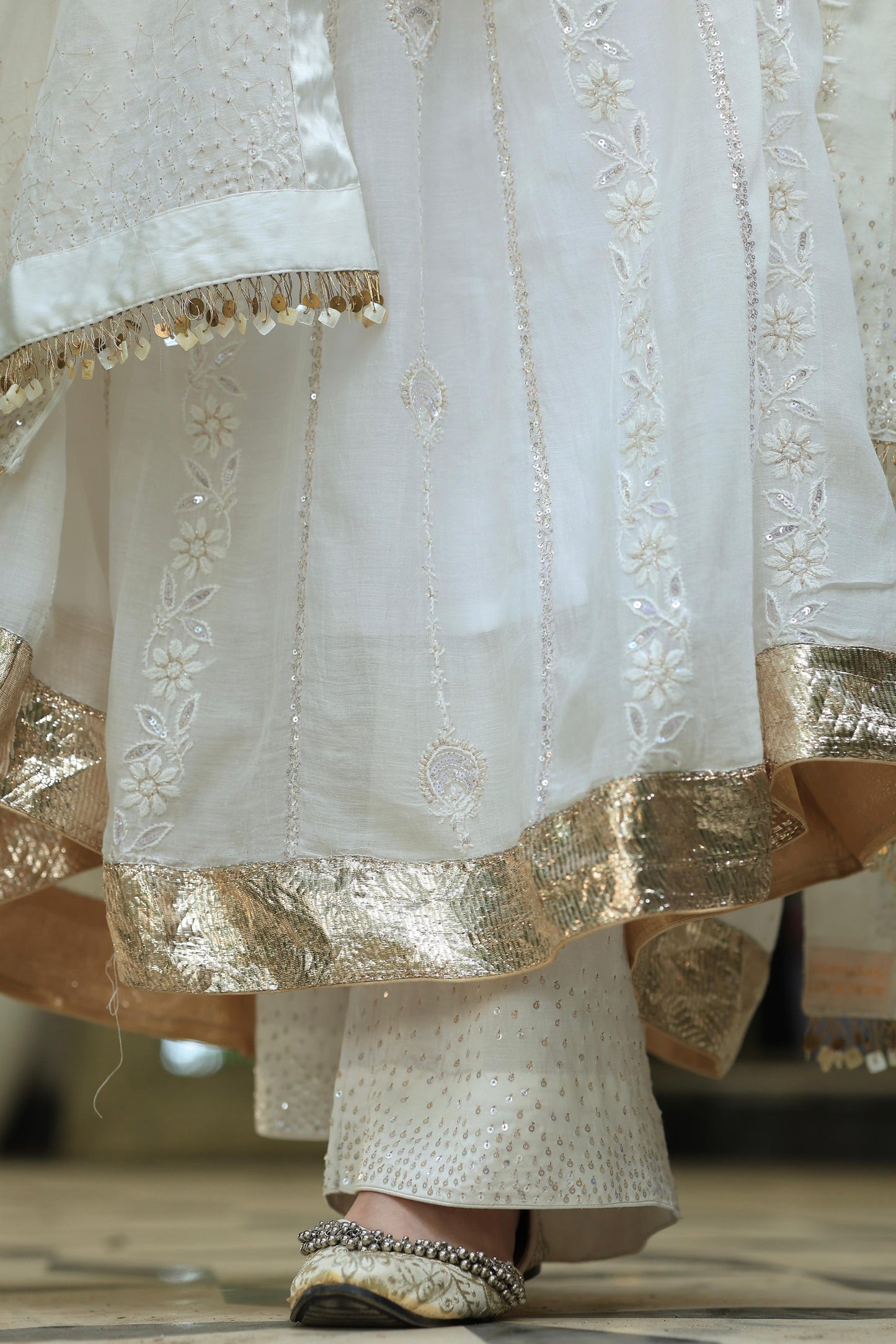 White Malmal Pearl Work Chikankari A Line Kalidar Kurta With Dupatta