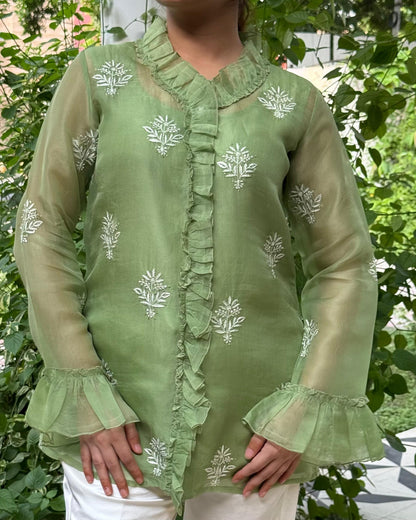 Pista Green Noor Organza Frill Lace With Resham Chikankari Short Top