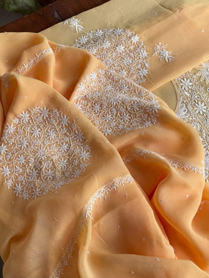 Melon Yellow shade Georgette Mirror Work Chikankari Kurta Dupatta Set