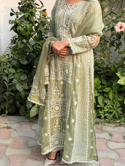 Green Noor Organza Chikankari Anarkali Kurta With Dupatta