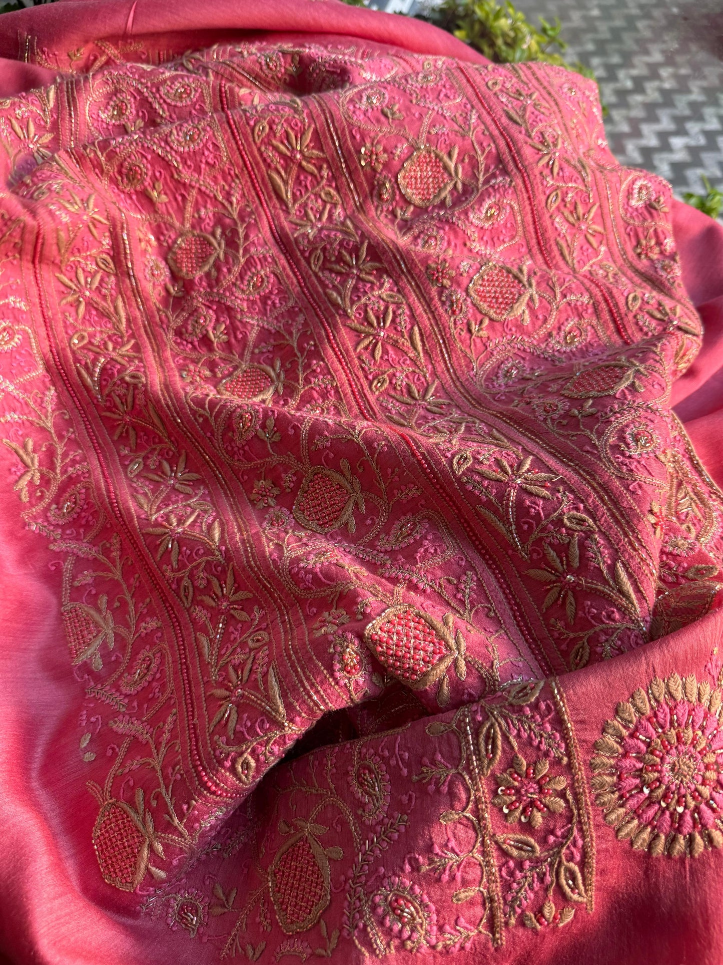 Pink Moonga Silk Chikankari Unstitched Fabric