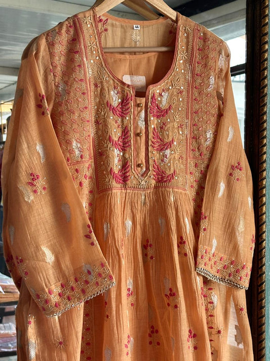 Orange Peach Shade Zari Chanderi Chikankari Ready to Wear Tunics