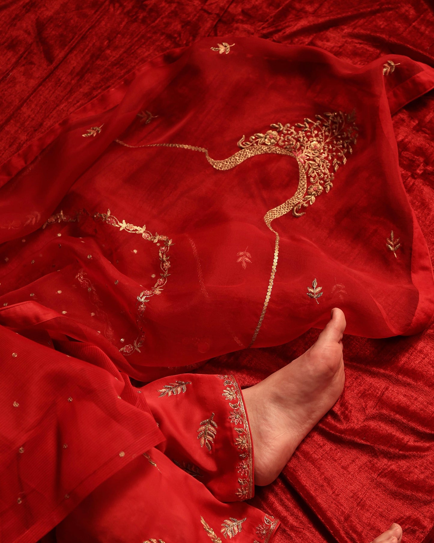 Red Maheshwari Silk Awadhi Zardosi Kurta Set