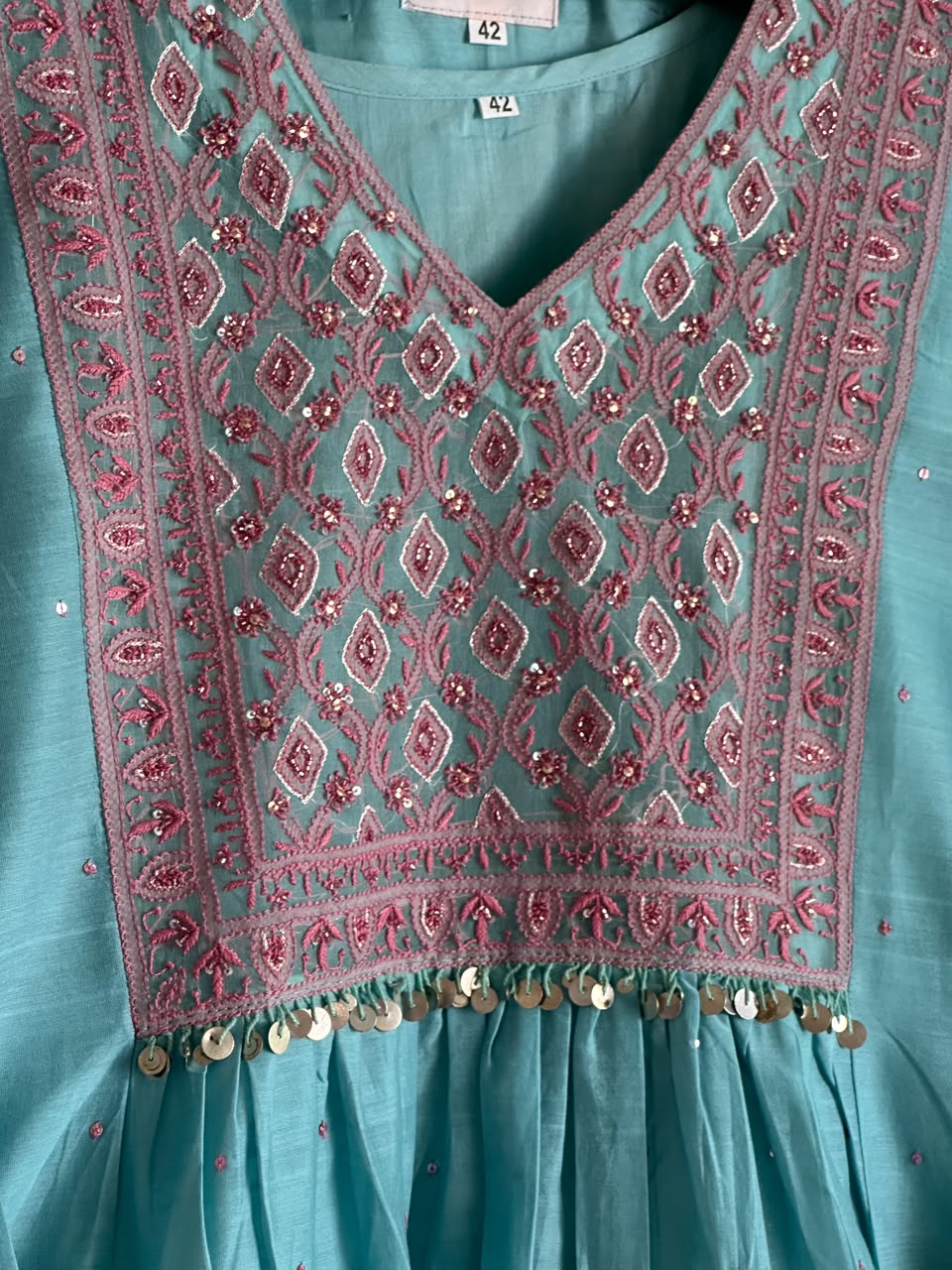 Fountain Blue Sico Chikankari Tux Style Kurta Set with Zardosi Work