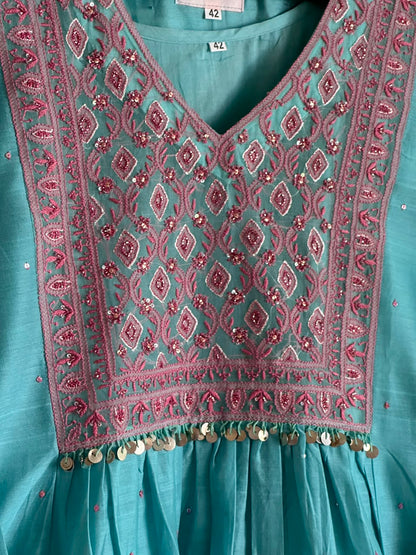 Fountain Blue Sico Chikankari Tux Style Kurta Set with Zardosi Work