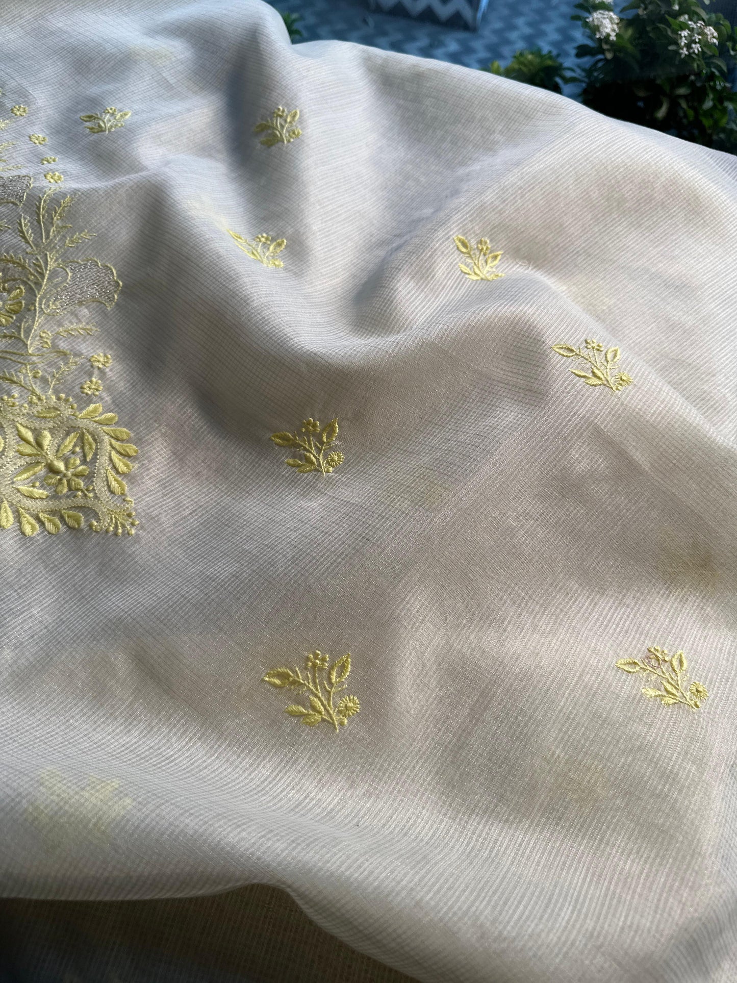 White & Lemon Kota Chikankari Unstitched Fabric