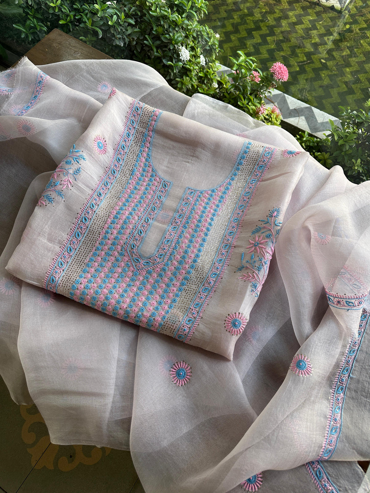 Dusty Lilac Multi Shade Organza Silk Chikankari Unstitched Fabric