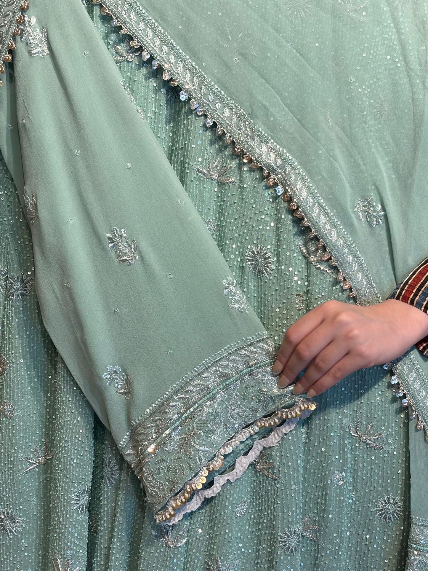 Cement Green Sequinned Georgette Chikankari Anarkali