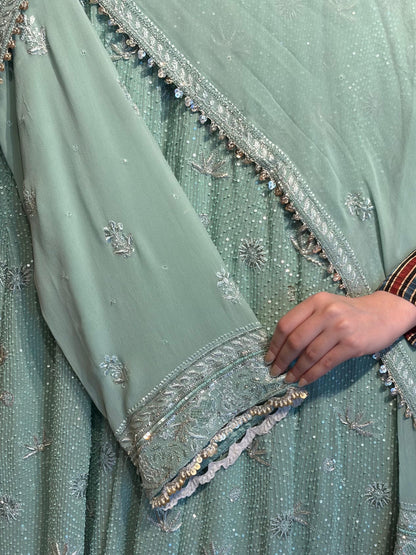Cement Green Sequinned Georgette Chikankari Anarkali