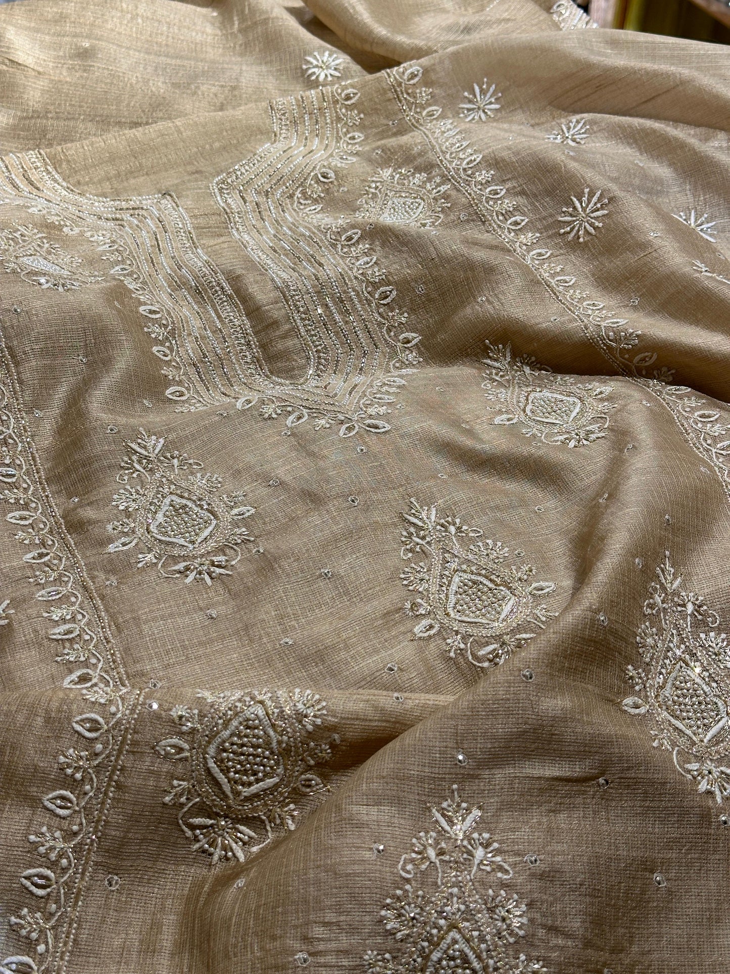 Beige Rasm Tussar Kota Chikankari Unstitched Chikankari Fabric