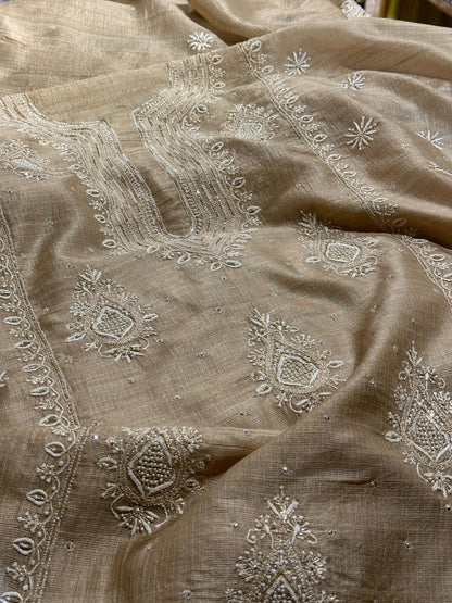 Beige Rasm Tussar Kota Chikankari Unstitched Chikankari Fabric