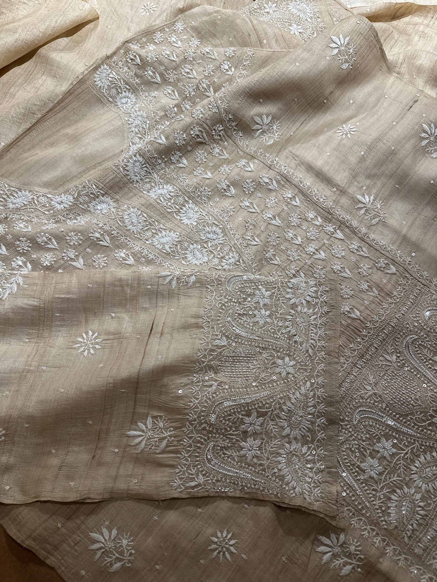 Semi Stitched Natural Shade Tussar Silk Chikankari Kurta Dupatta Sets