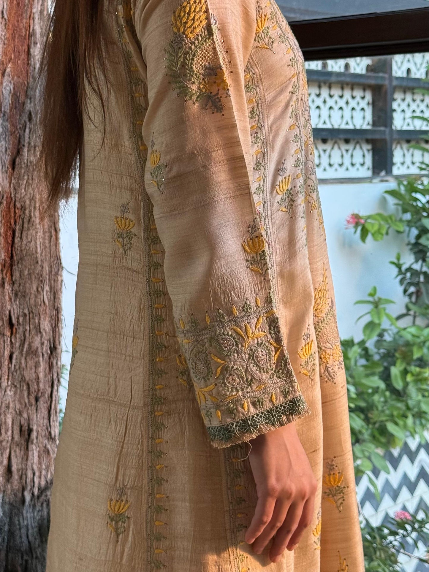 Basak Natural Tussar Silk Kalidar Chikankari Kurta Set