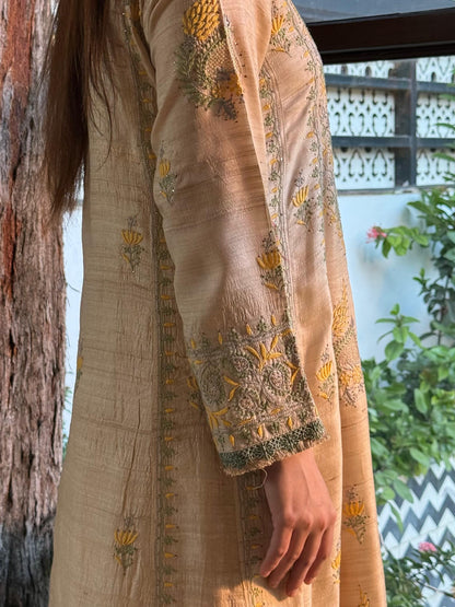 Basak Natural Tussar Silk Kalidar Chikankari Kurta Set