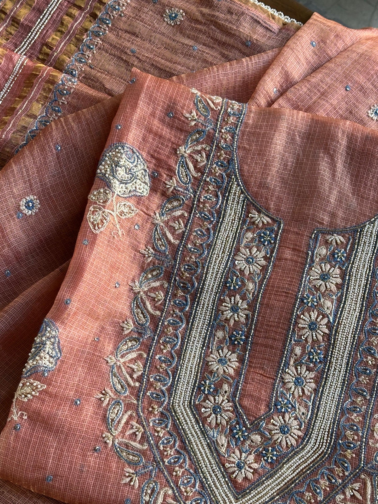 Rust Shade Tissue Kota Chikankari Unstitched Fabric