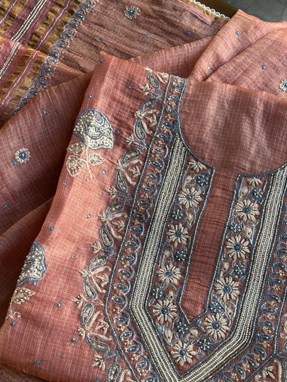 Rust Shade Tissue Kota Chikankari Unstitched Fabric