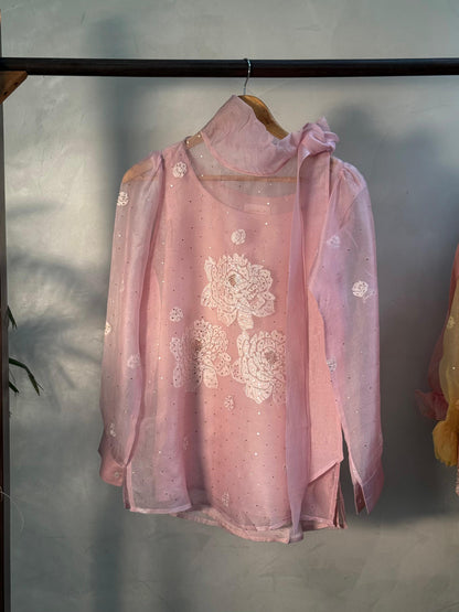Baby Pink Noor Organza Resham Chikankari Short Top With Bow Tie