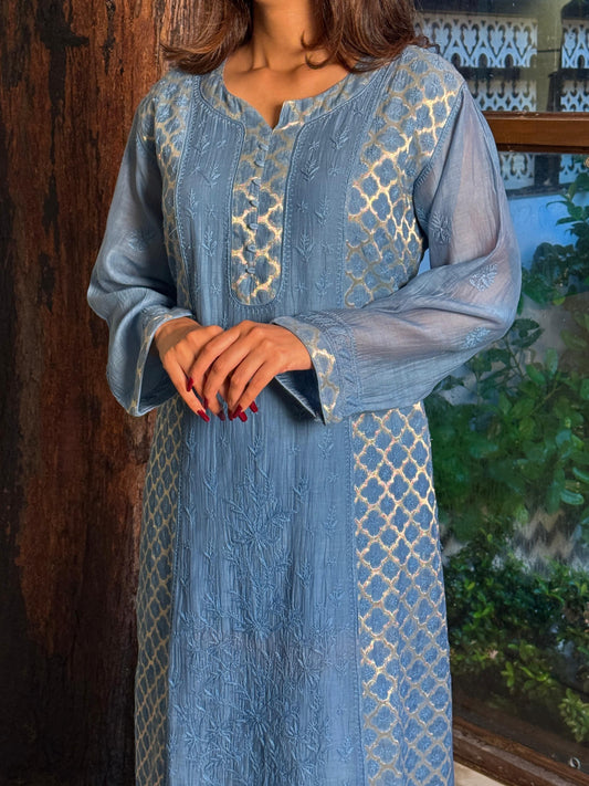 Blue Shade Zari Chanderi Chikankari Ready to Wear Tunics