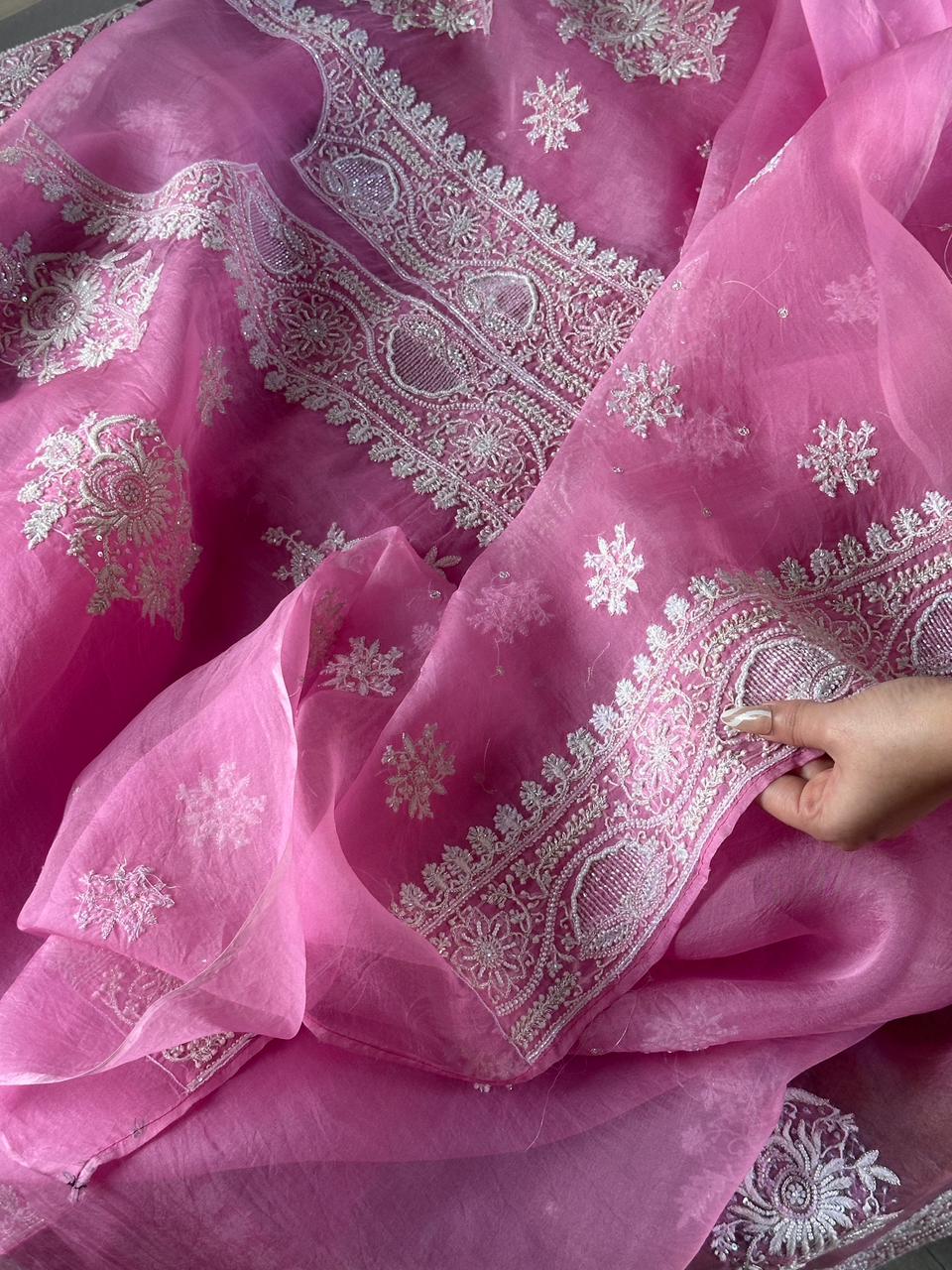 Pink Shade Noor Organza Silk Chikankari Unstitched Kurta Dupatta Set