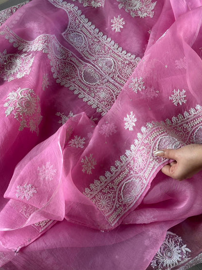Pink Shade Noor Organza Silk Chikankari Unstitched Kurta Dupatta Set