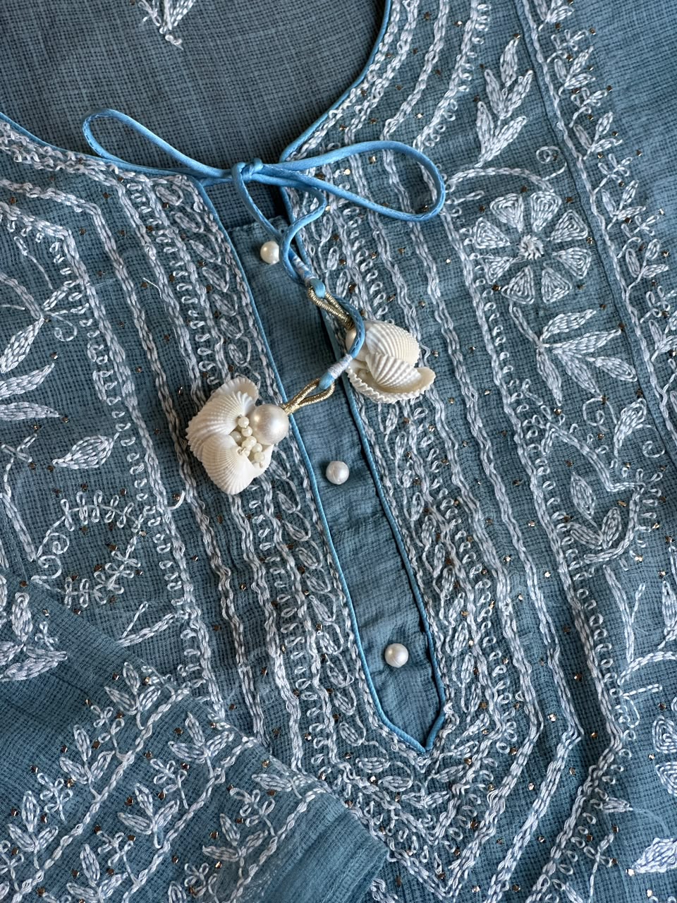 Blue Shade Semi Stitched Kota Tepchi Chikankari Kurta Dupatta Set