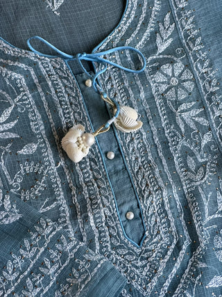 Blue Shade Semi Stitched Kota Tepchi Chikankari Kurta Dupatta Set