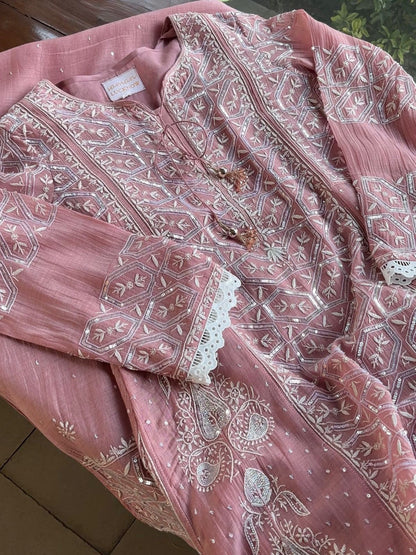 Soft Pink Mulmul Pearl White Chikankari Ready to Wear Kurta Set