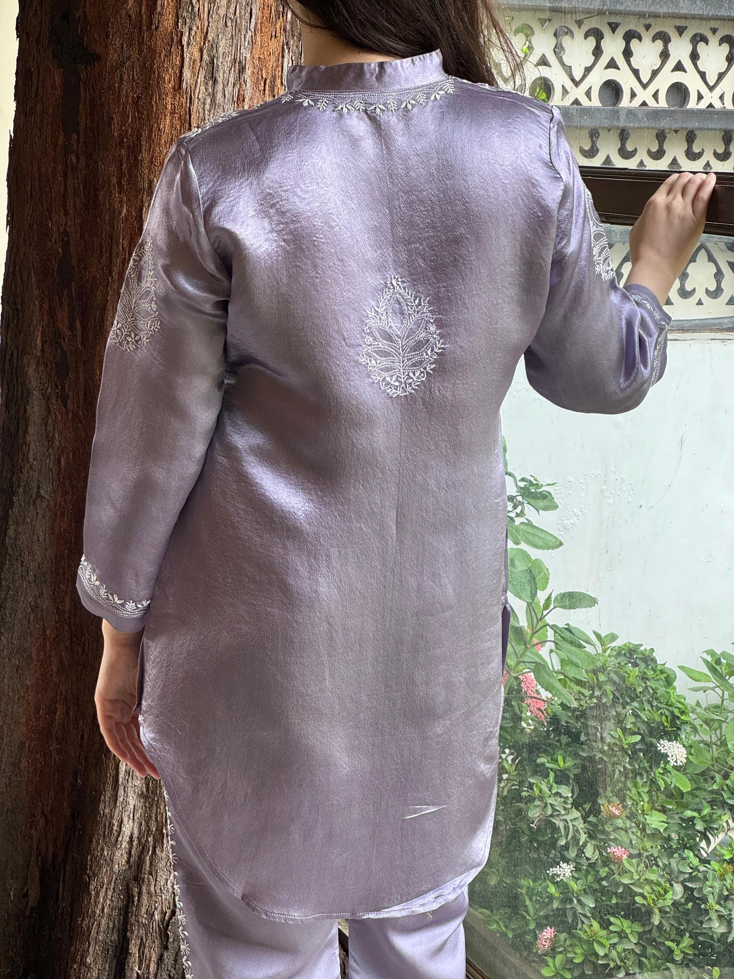 Purplish Grey Satin Shimmer Chikankari Co-Ord Set