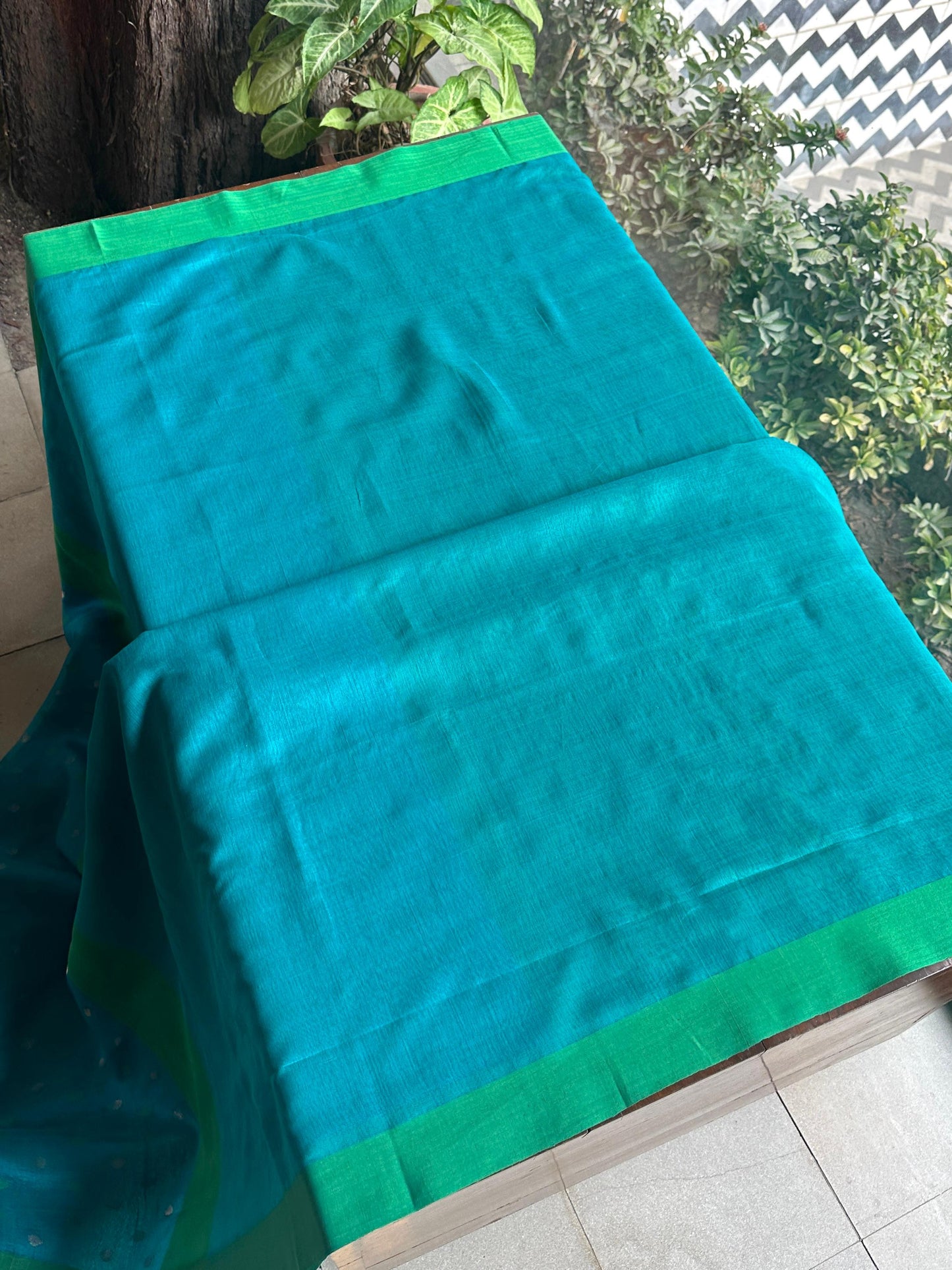 Blue Woven Butta Saree with Contrast Green Border