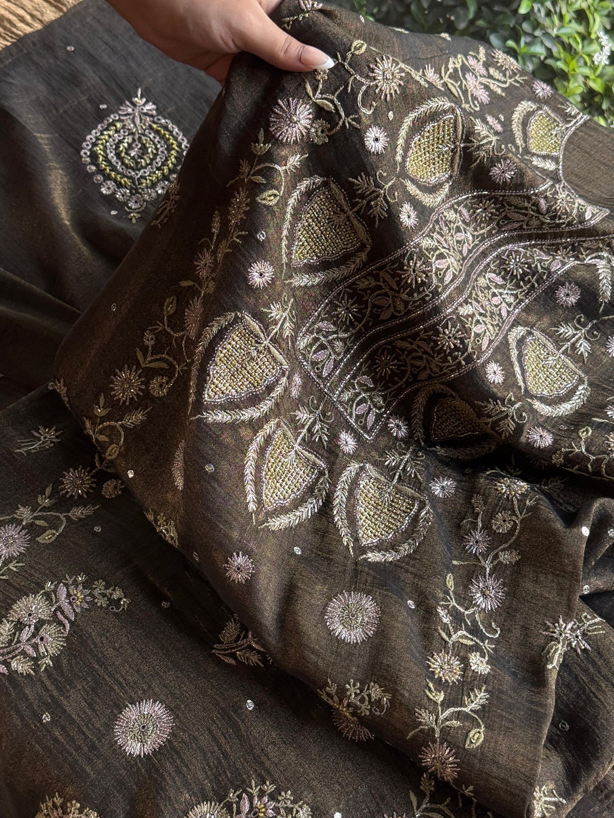 Goldish Black Shade Tissue Silk Chikankari Unstitched Fabric