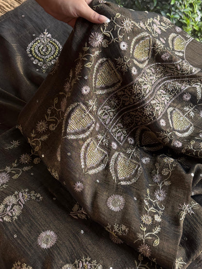 Goldish Black Shade Tissue Silk Chikankari Unstitched Fabric