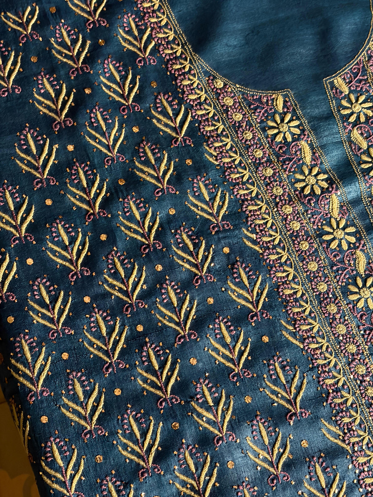 Blue Multi Roheen Tussar Silk Chikankari Fabric