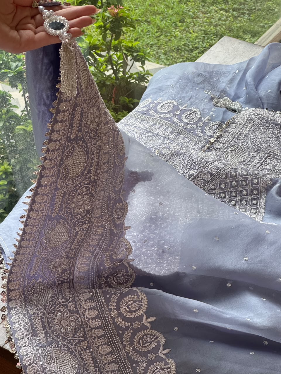 Noor Mauve Blue Chikankari Saree With Blouse