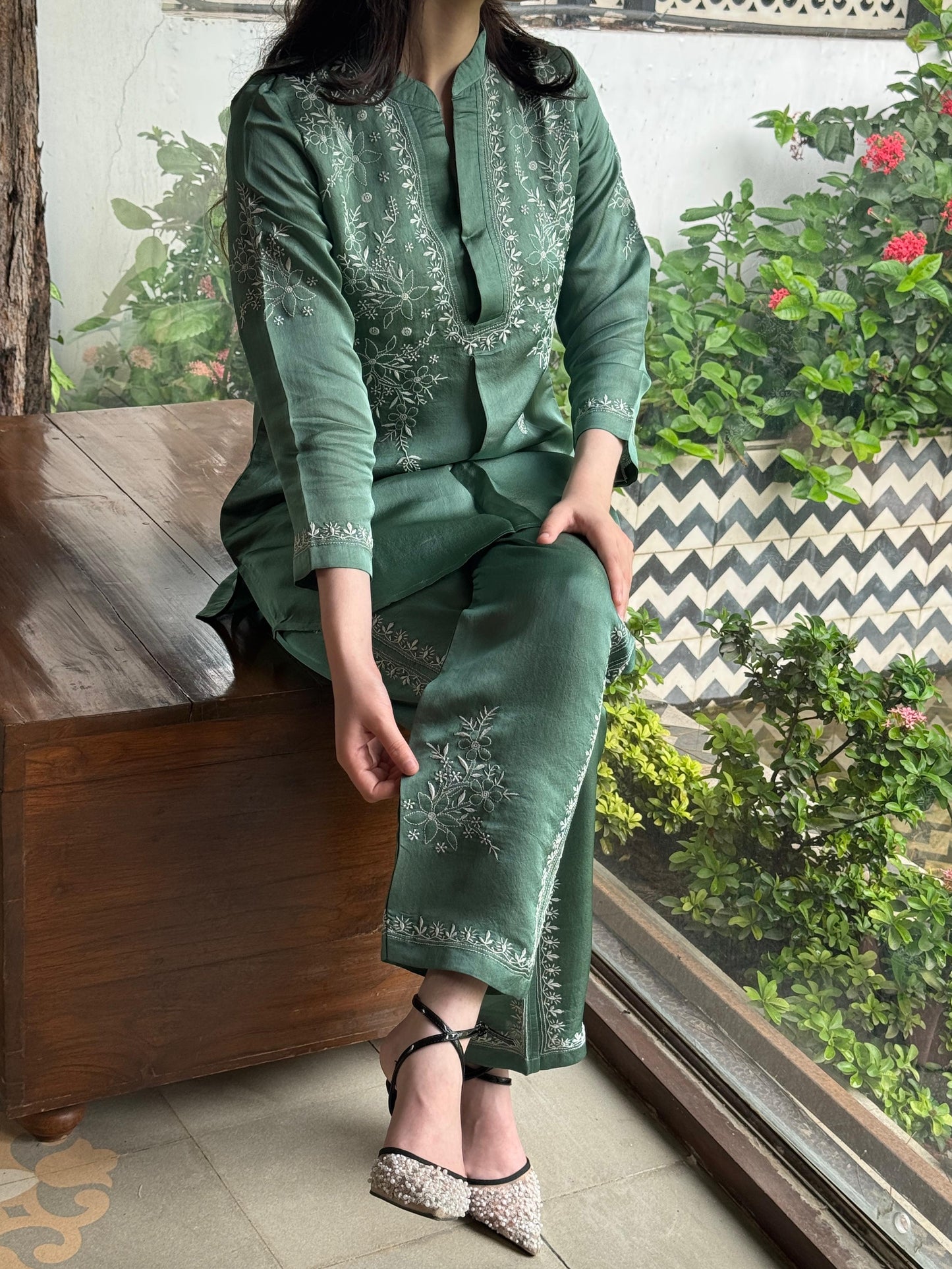 Slate Green Satin Shimmer Chikankari Co-Ord Set