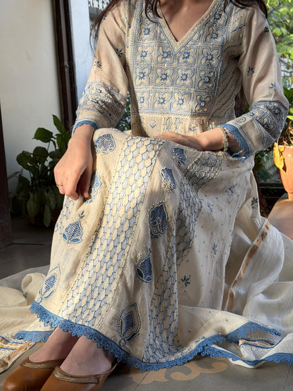 Indigo & Off White Shade Malmal Zari Pearl Work Chikankari Kalidar Kurta Set
