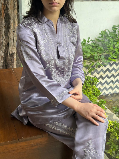 Purplish Grey Satin Shimmer Chikankari Co-Ord Set