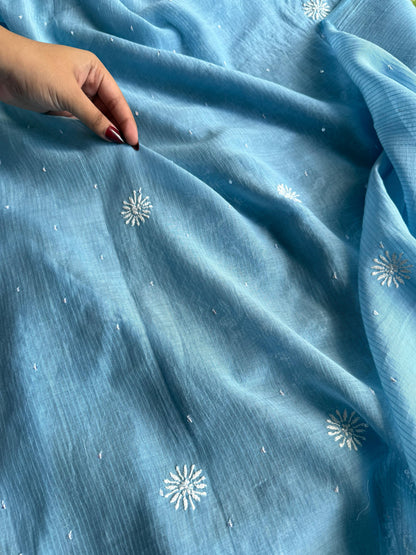 Blue Maheshwari Pearl Work Chikankari Unstitched Fabrics