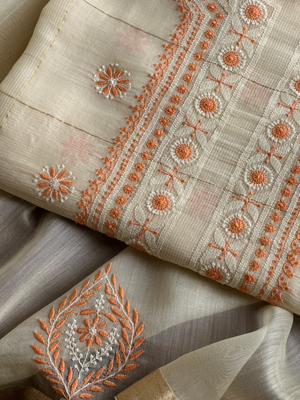 Cream Shade Tissue Zari Kota Chikankari Unstitched Fabric