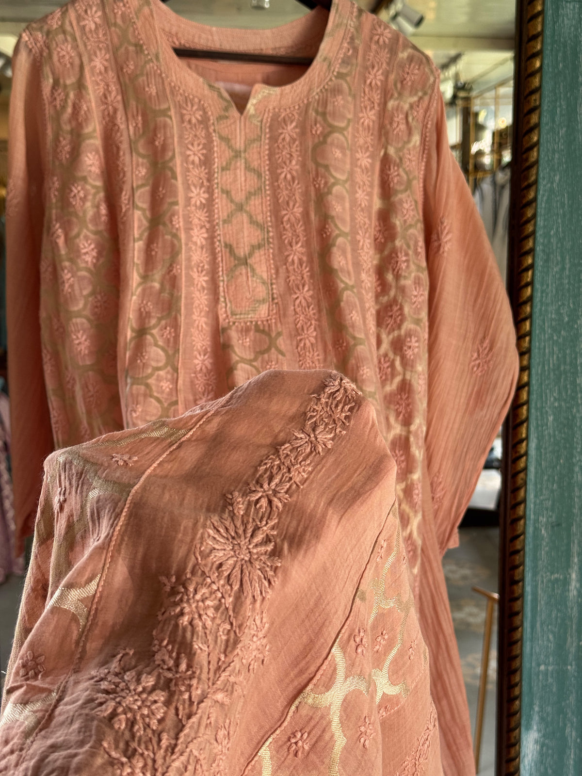 Coral Peach Zari Chanderi Chikankari A Line Kurta with Slip