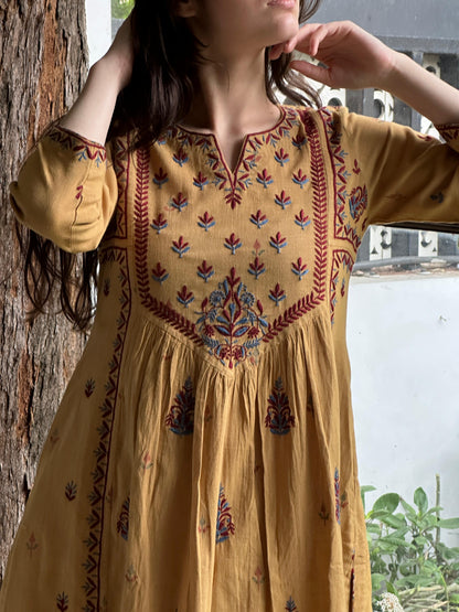 Mustard Yellow Handspun Malkha Chikankari Panel Tunic