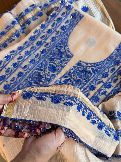 Beige & Blue Mal Chanderi Silk Chikankari With Sequins Unstitched Kurta Dupatta Set